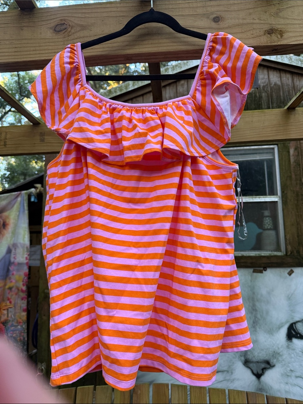 Cato Orange and Pink Striped Ruffle Off-Shoulder Top plus size 26/28
